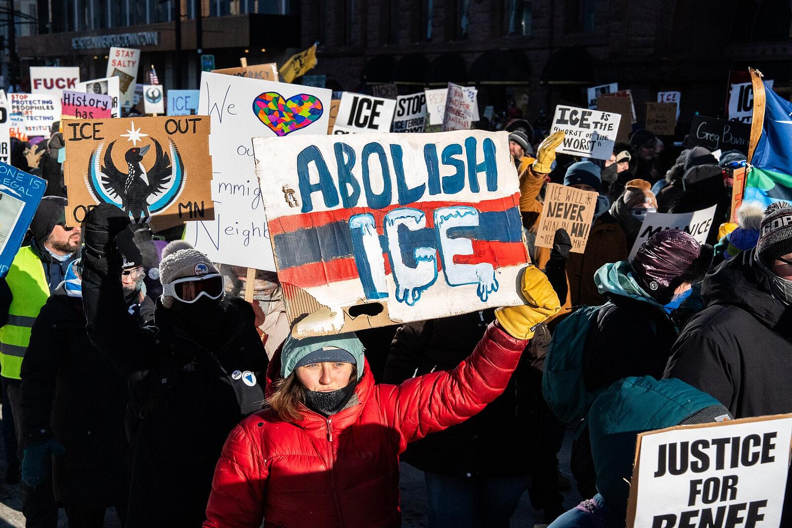 Abolish ICE sign at a march in Minneapolis, January 2026