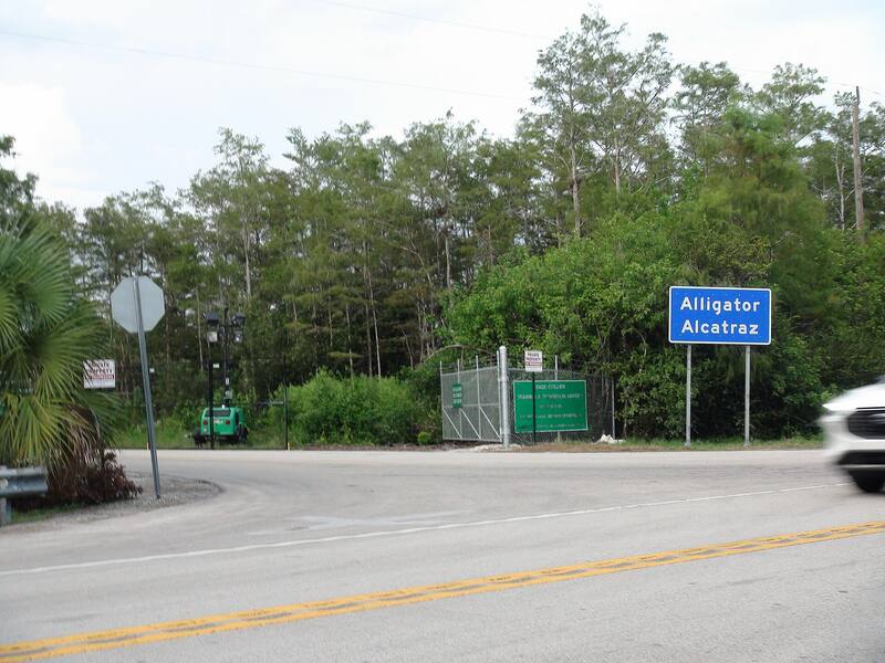 Road sign at the Alligator Alcatraz detention center, Florida